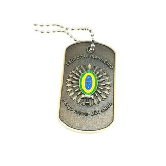 Dog Tag com o Brasão do Exército Brasileiro Dogtag em Alto Relevo Colorida com Corrente de Bolinhas Aço Inox